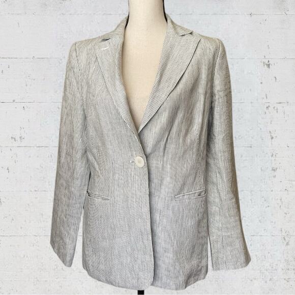 Max Studio 100% Linen Striped Blazer Off White Blue Size 12 Coastal Nautical - Picture 1 of 9